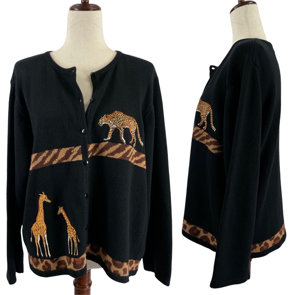 Marisa Christina Safari Knit Cardigan Black Giraffe Cheetah Vintage